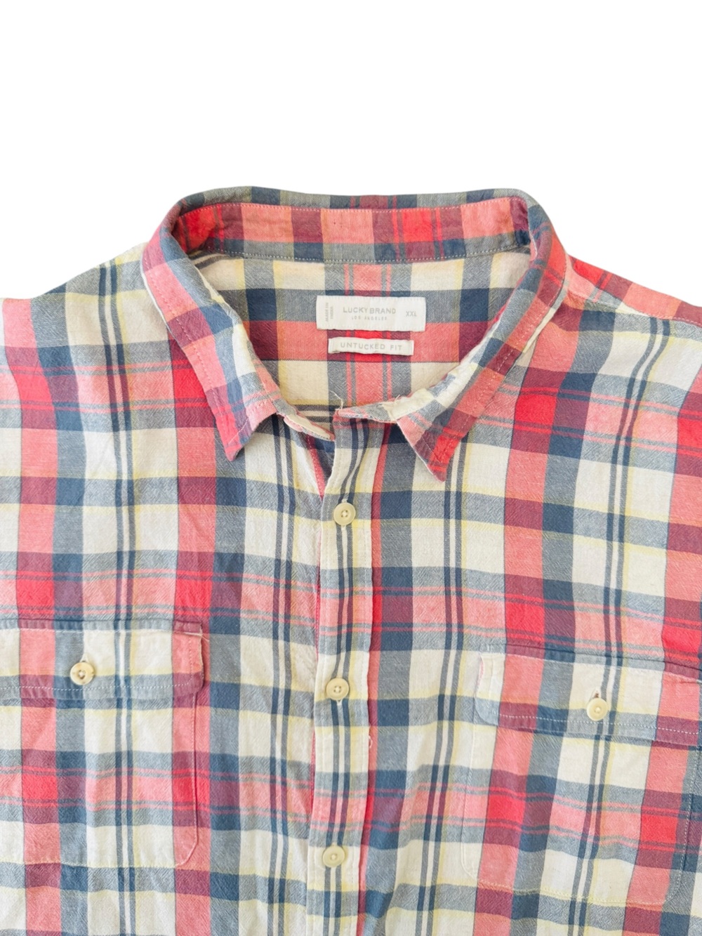 Lucky Brand Untucked Fit Plaid Button Front Shirt XXL Cotton Linen Patriotic